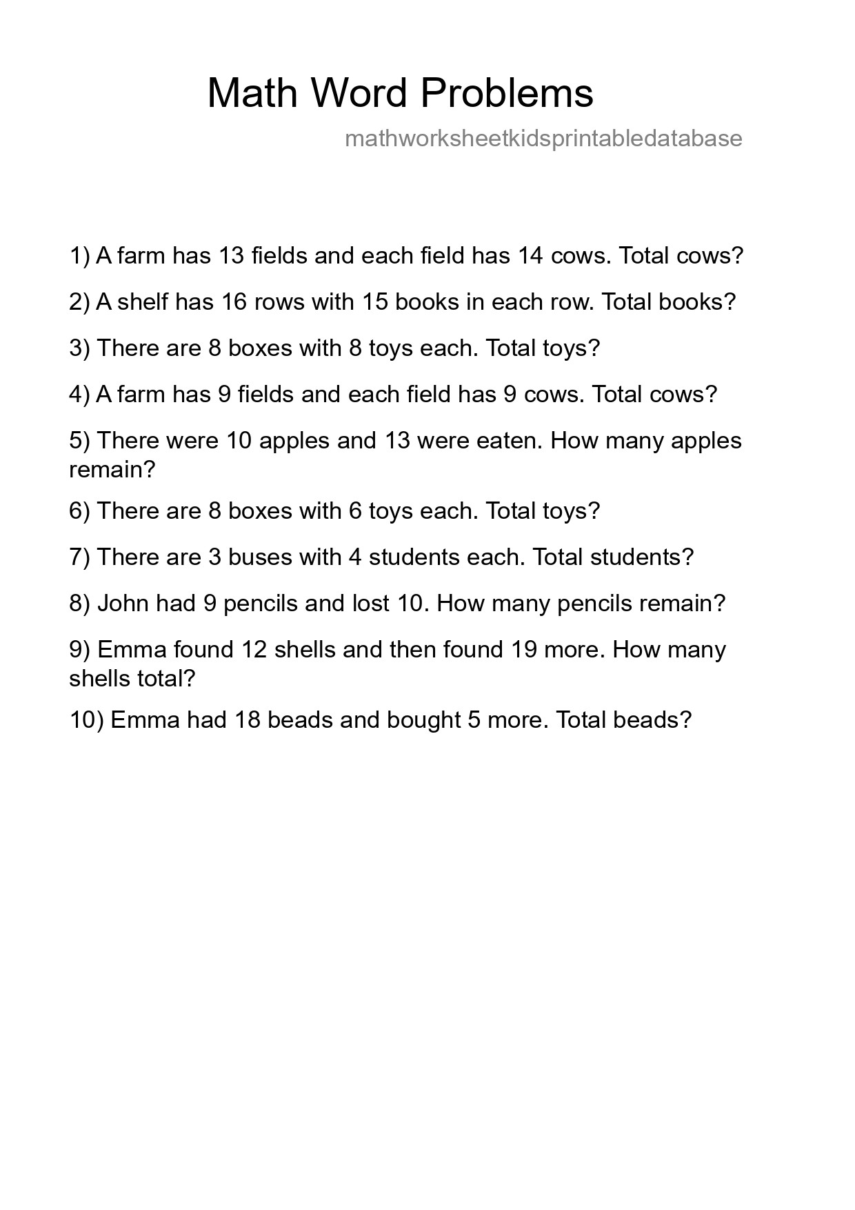 Math Word Problem Worksheet
