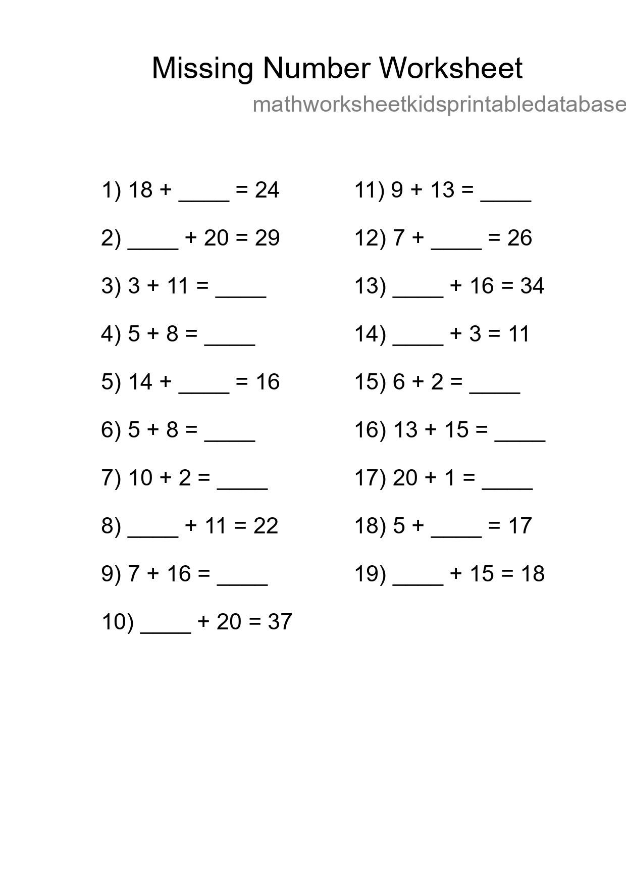 Missing Number Math Worksheet