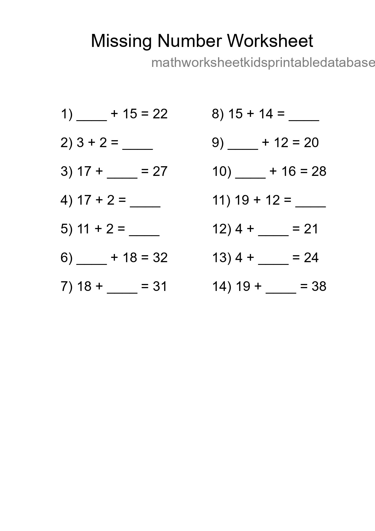 Missing Number Math Worksheet