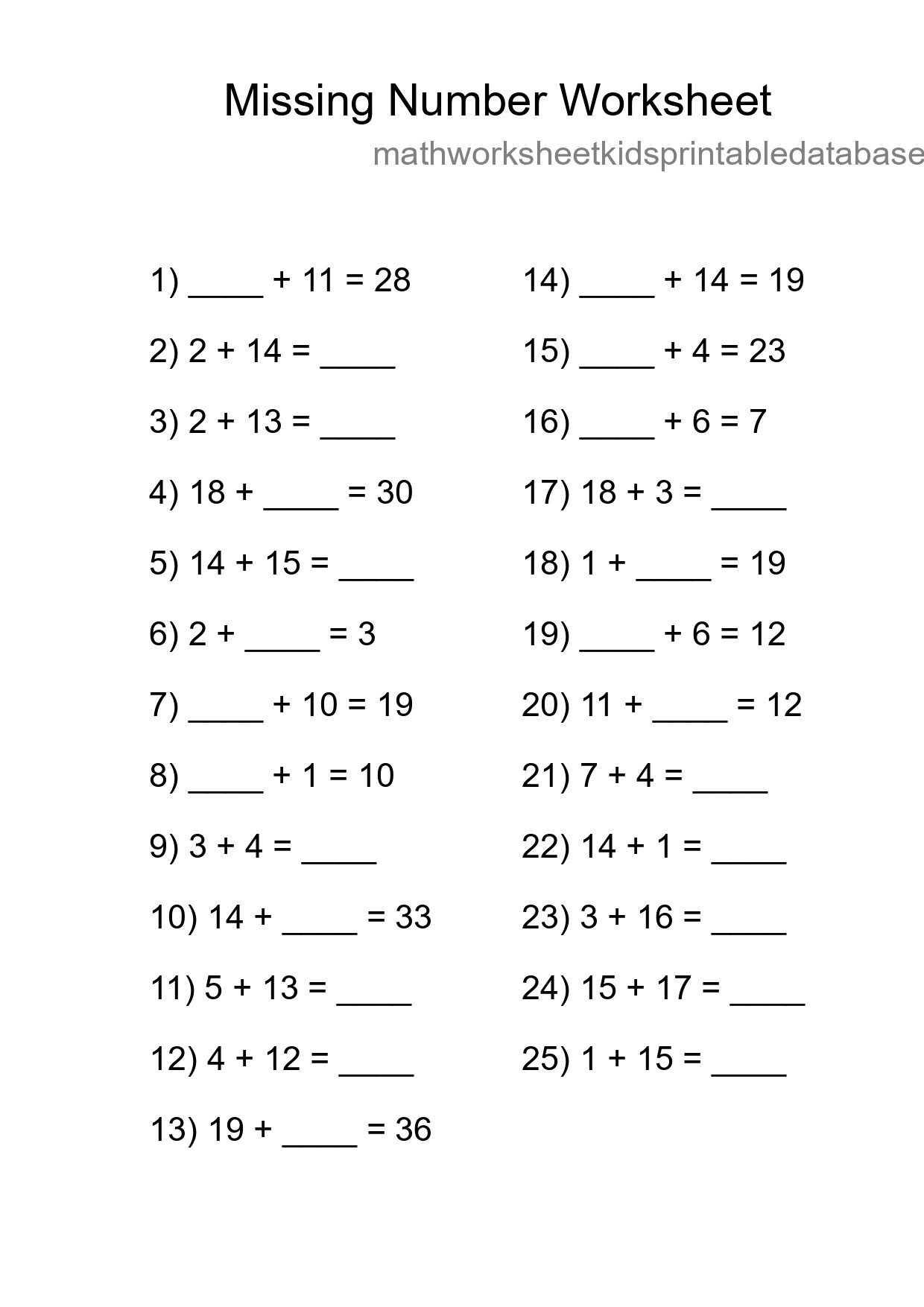 Missing Number Math Worksheet