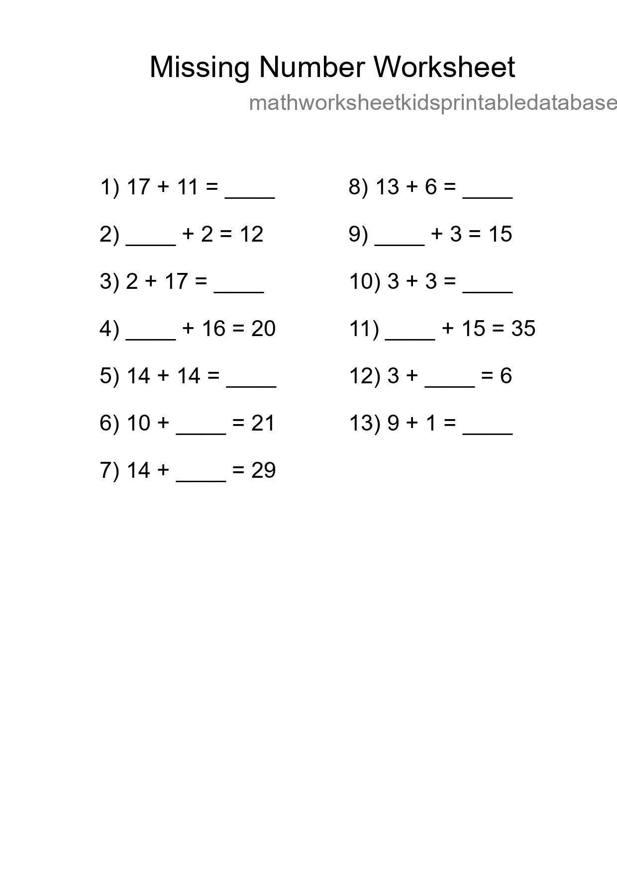 Missing Number Math Worksheet