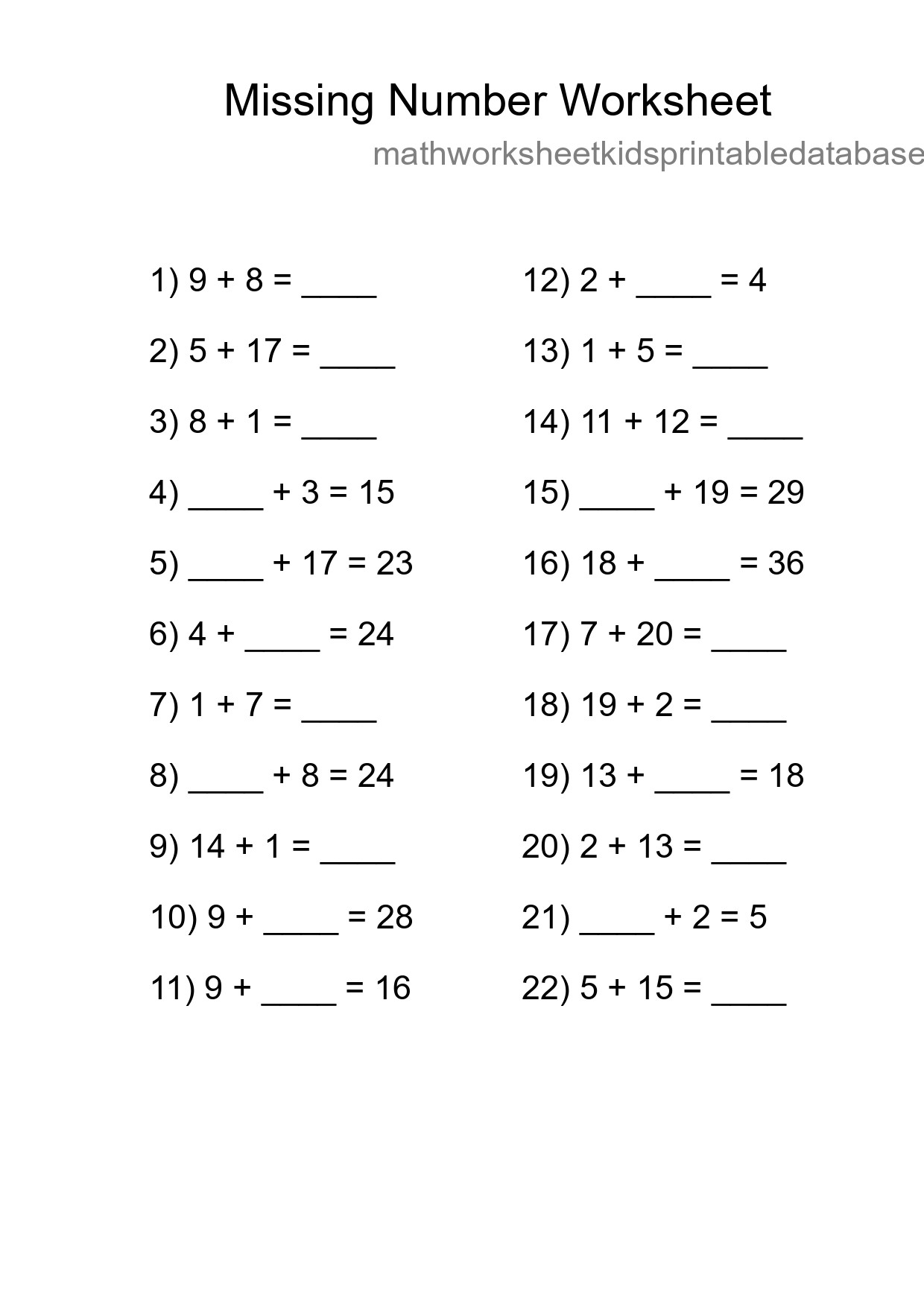Missing Number Math Worksheet
