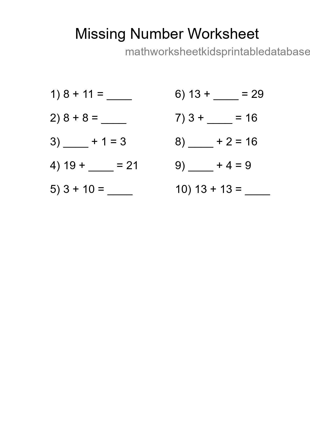 Missing Number Math Worksheet