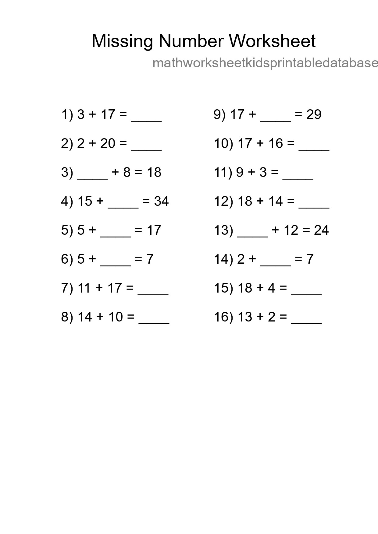 Missing Number Math Worksheet