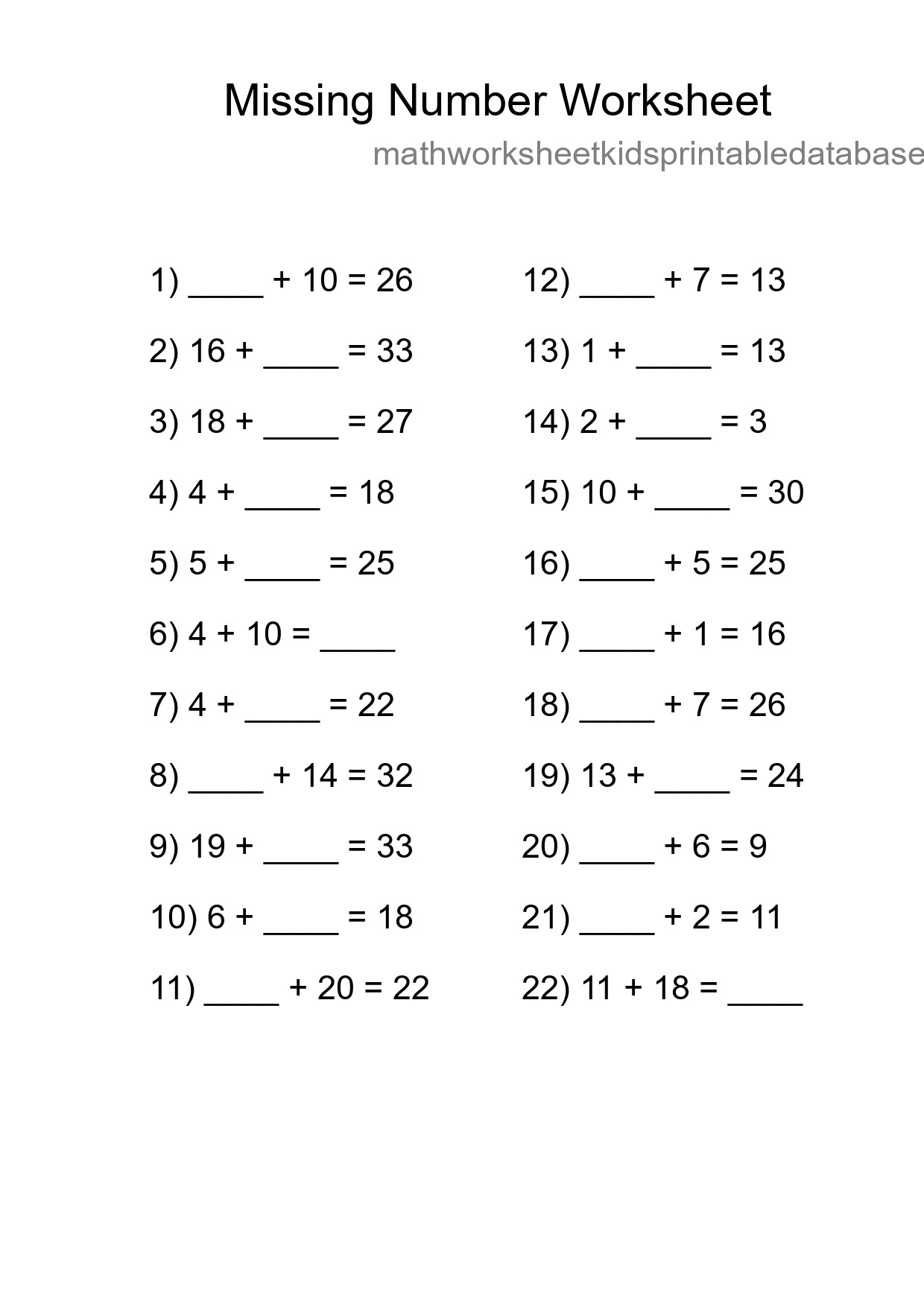 Missing Number Math Worksheet