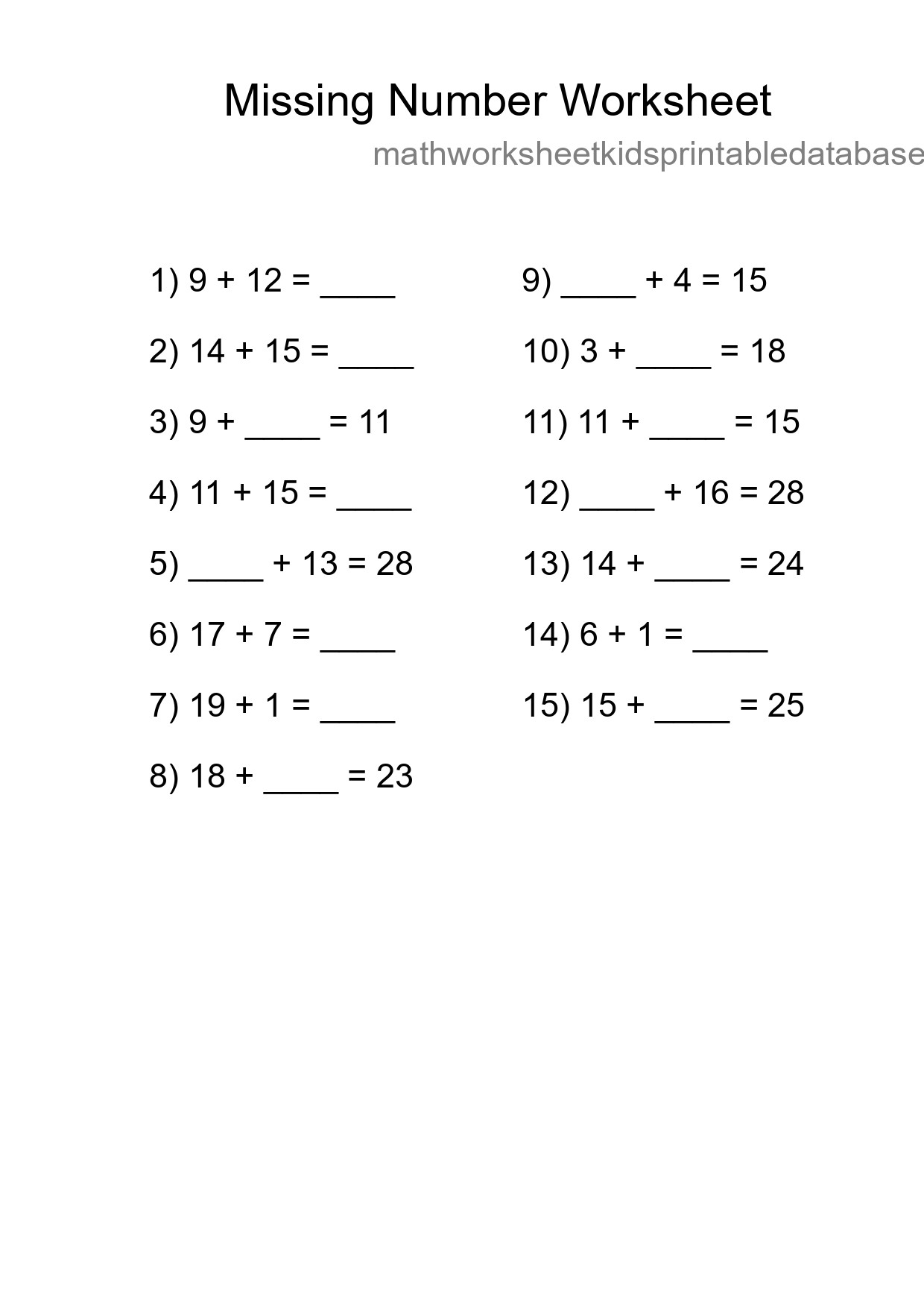 Missing Number Math Worksheet