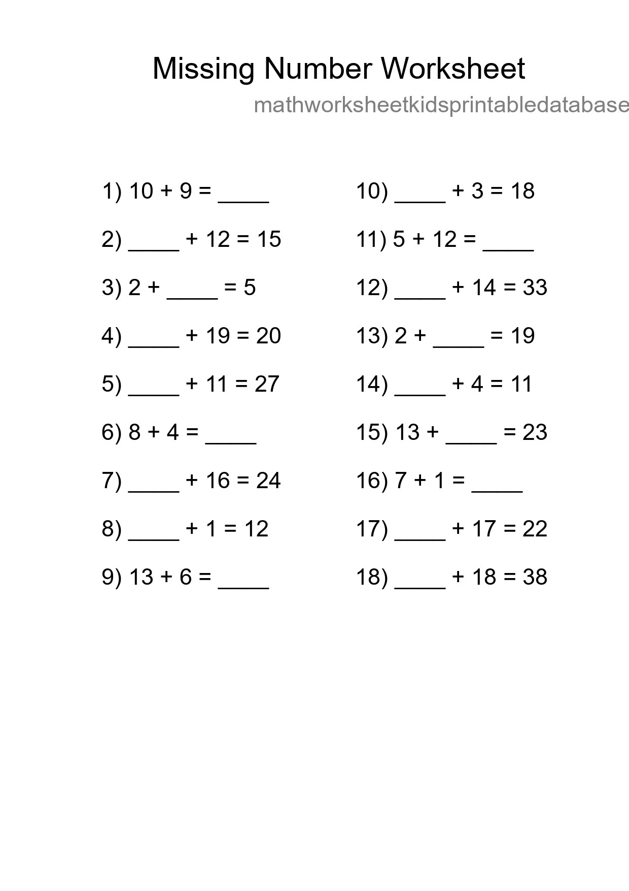 Missing Number Math Worksheet