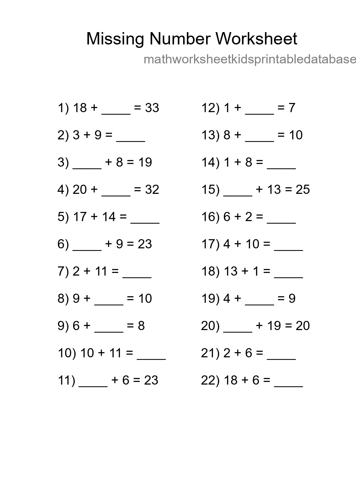 Missing Number Math Worksheet