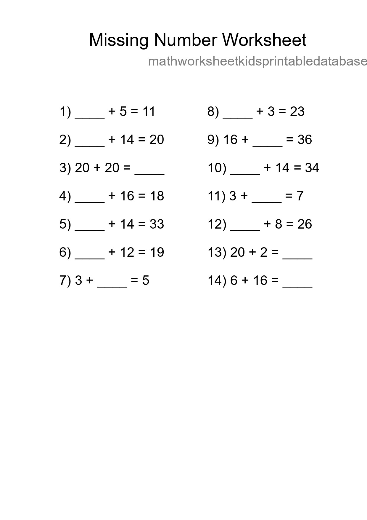 Missing Number Math Worksheet
