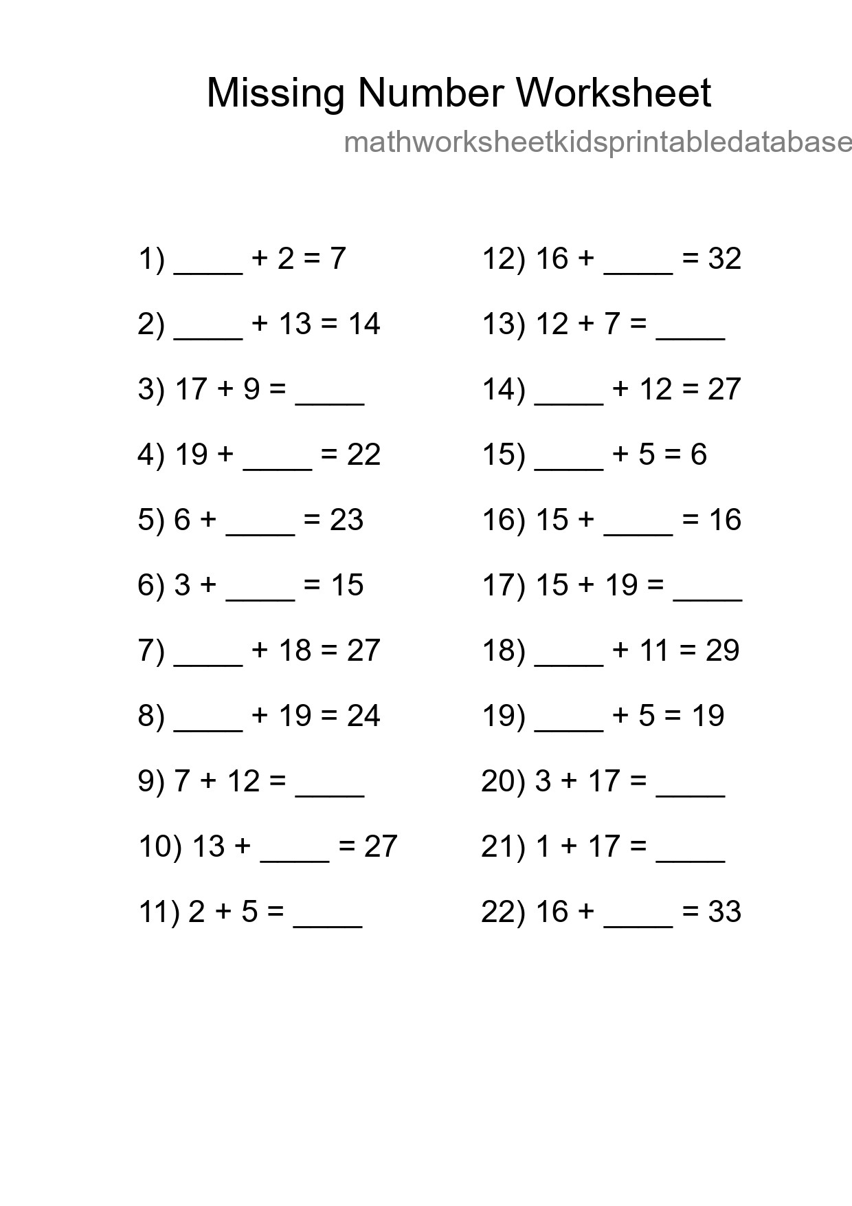 Missing Number Math Worksheet