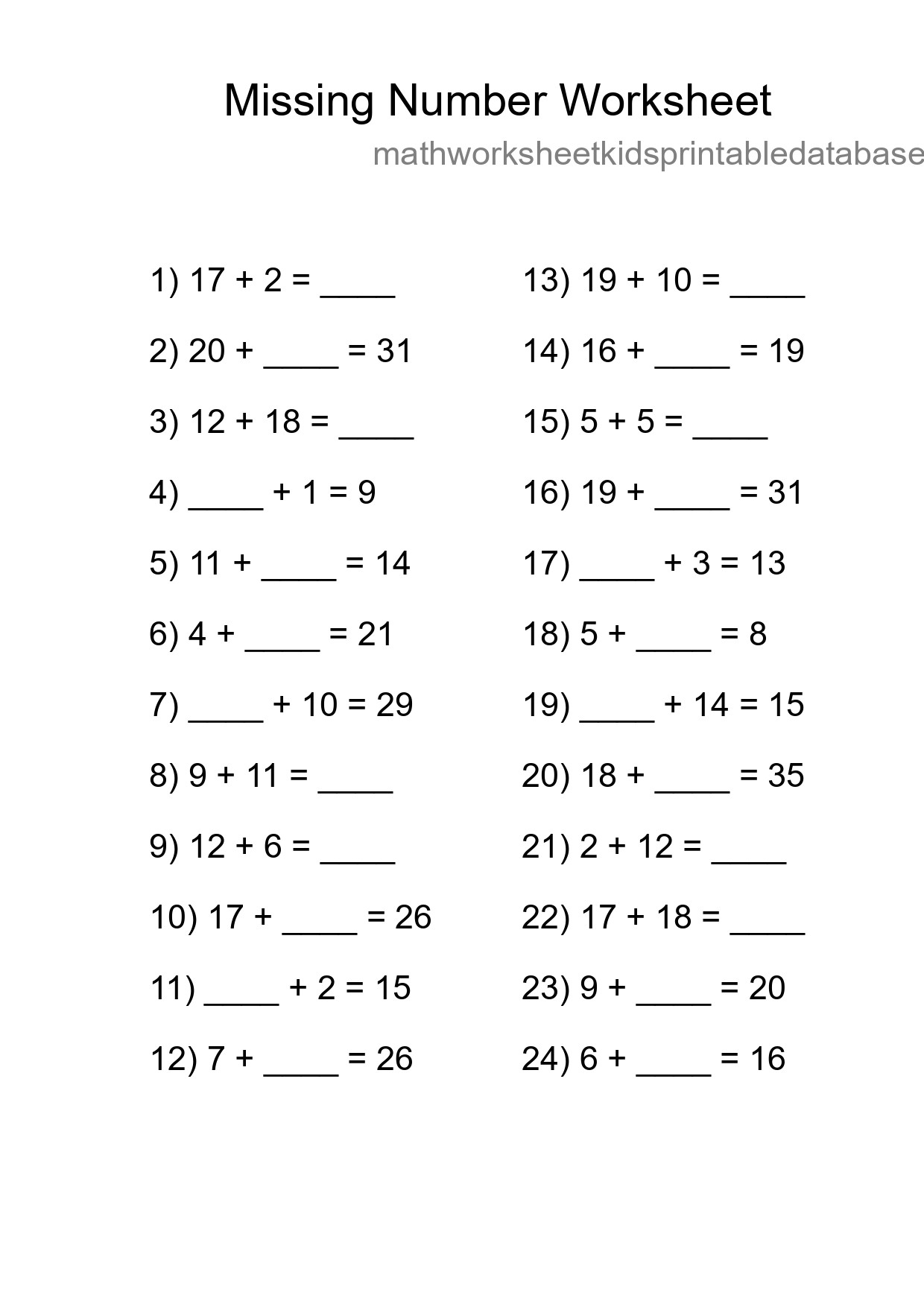 Missing Number Math Worksheet