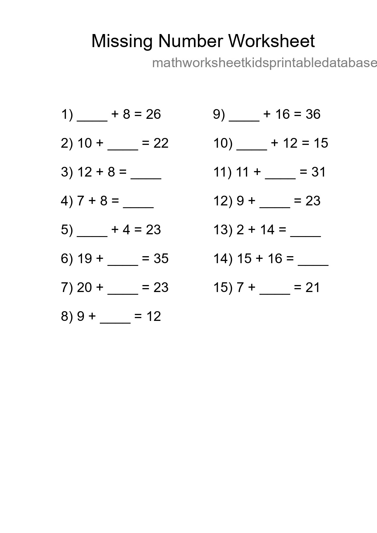 Missing Number Math Worksheet