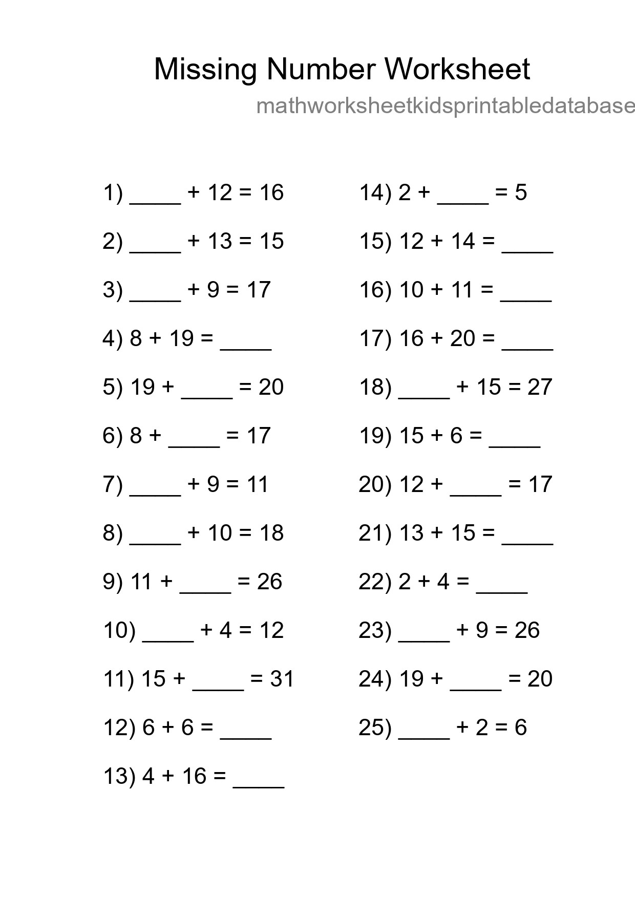 Missing Number Math Worksheet