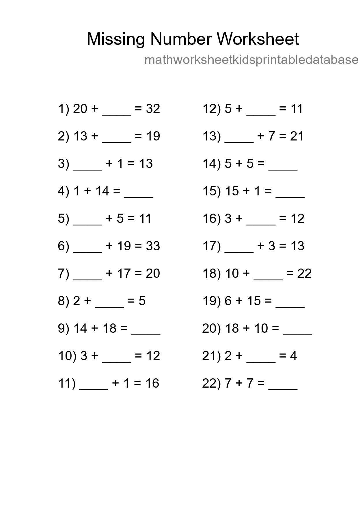 Missing Number Math Worksheet