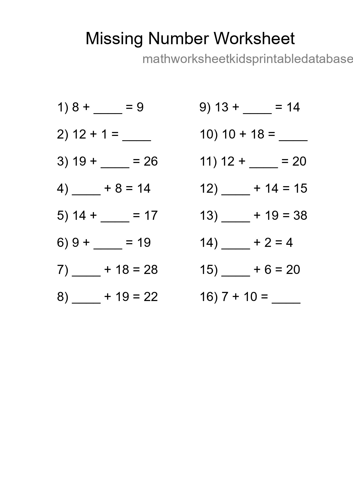 Missing Number Math Worksheet