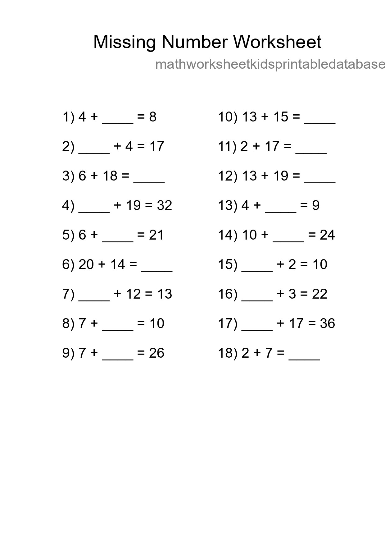 Missing Number Math Worksheet