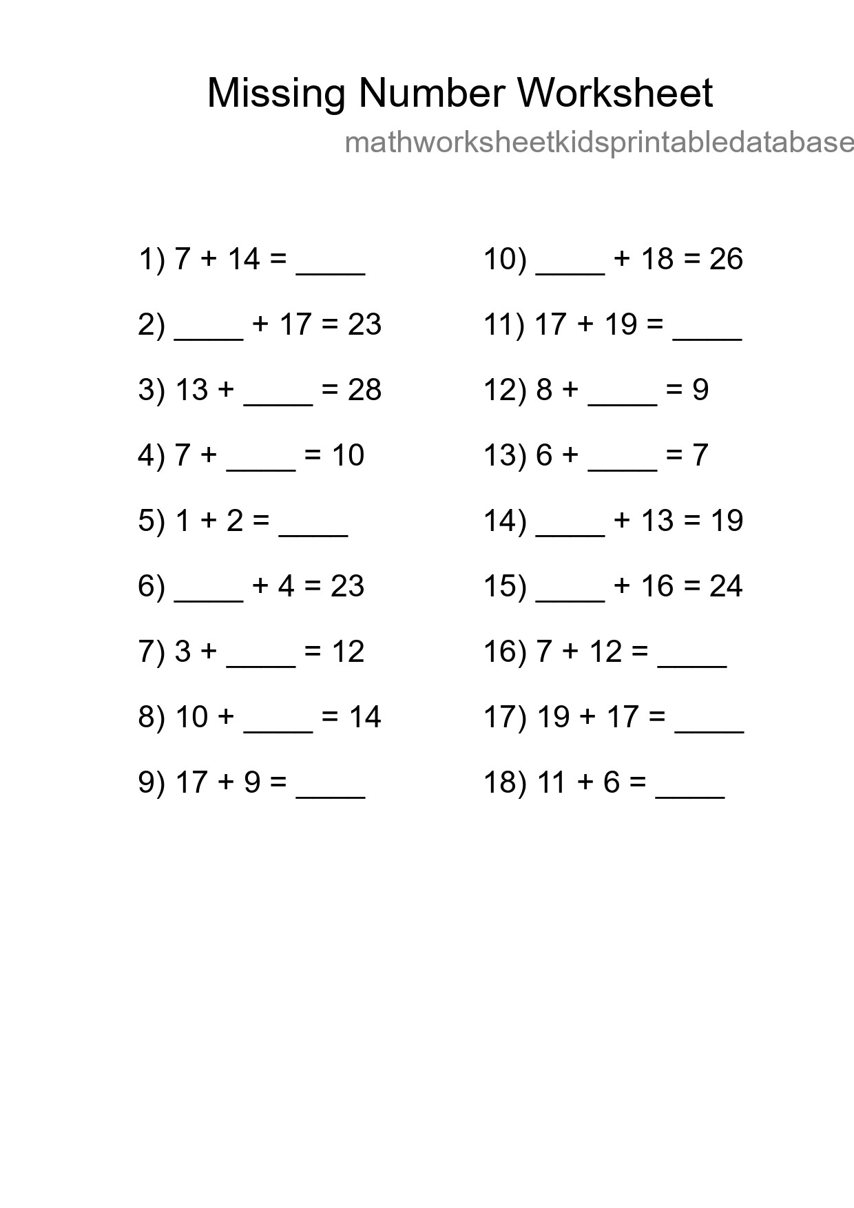 Missing Number Math Worksheet