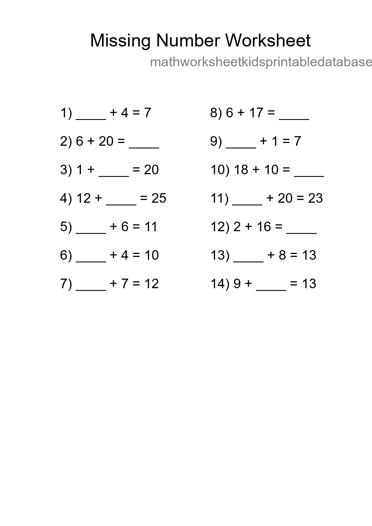 Missing Number Math Worksheet