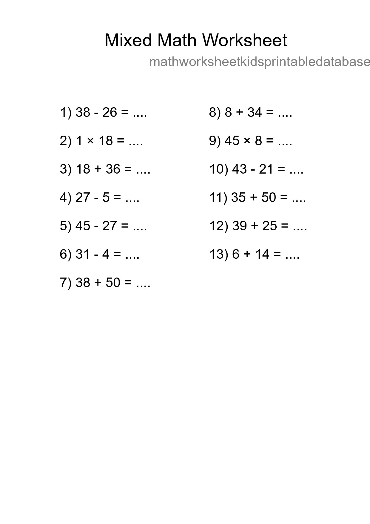 Mixed Operations Math Worksheet