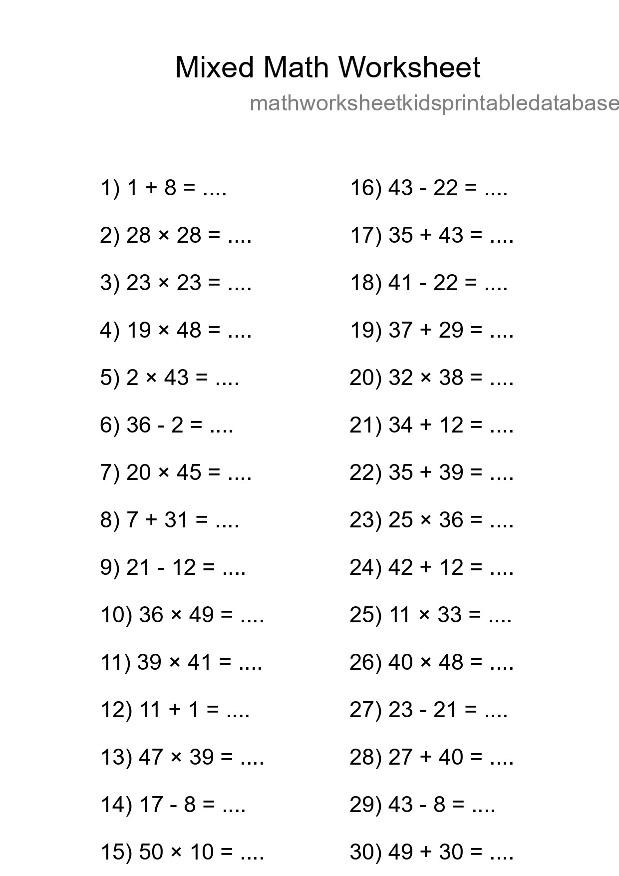 Mixed Operations Math Worksheet