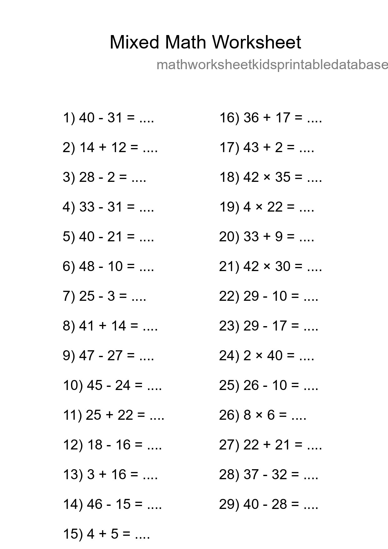 Mixed Operations Math Worksheet
