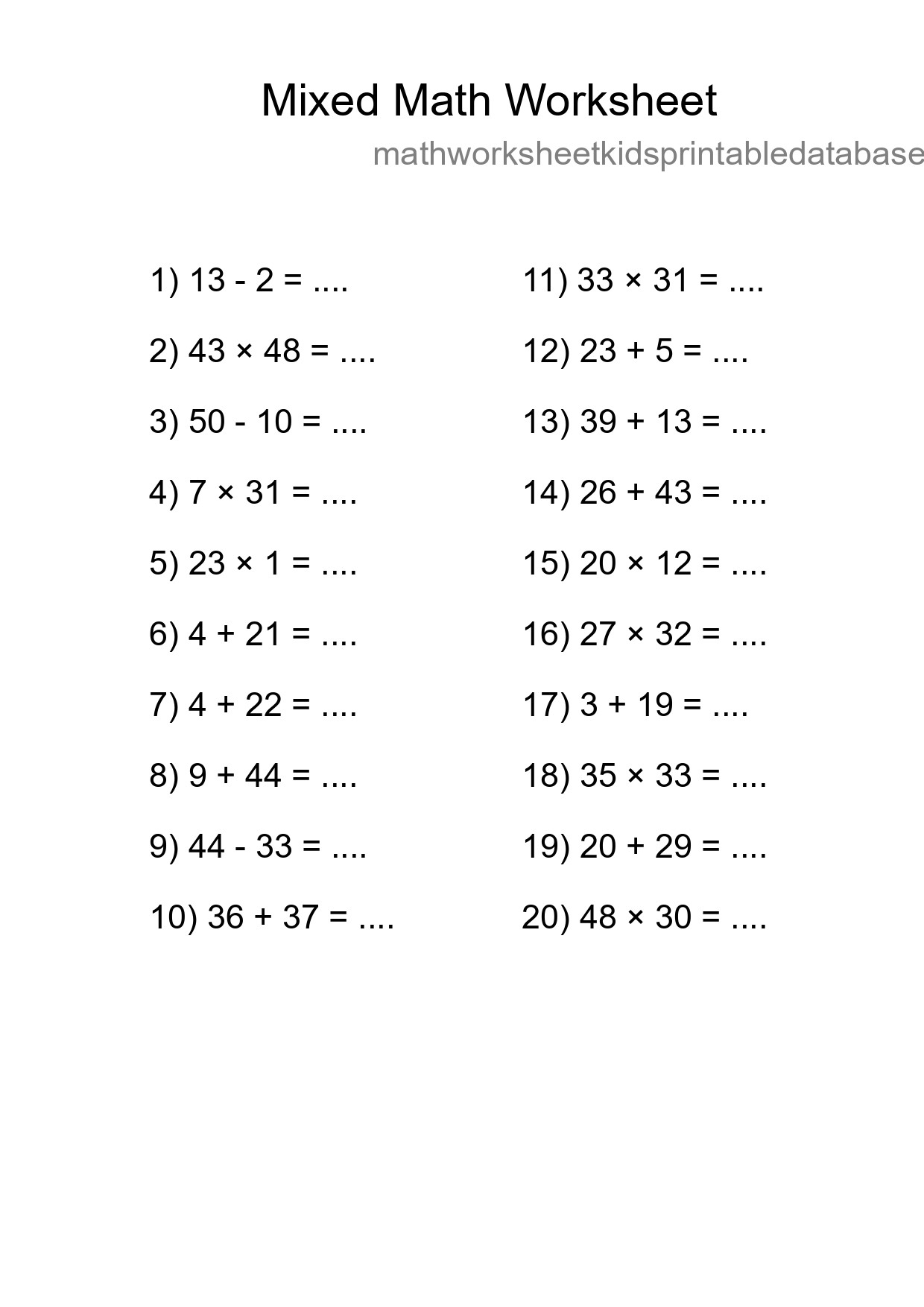 Mixed Operations Math Worksheet