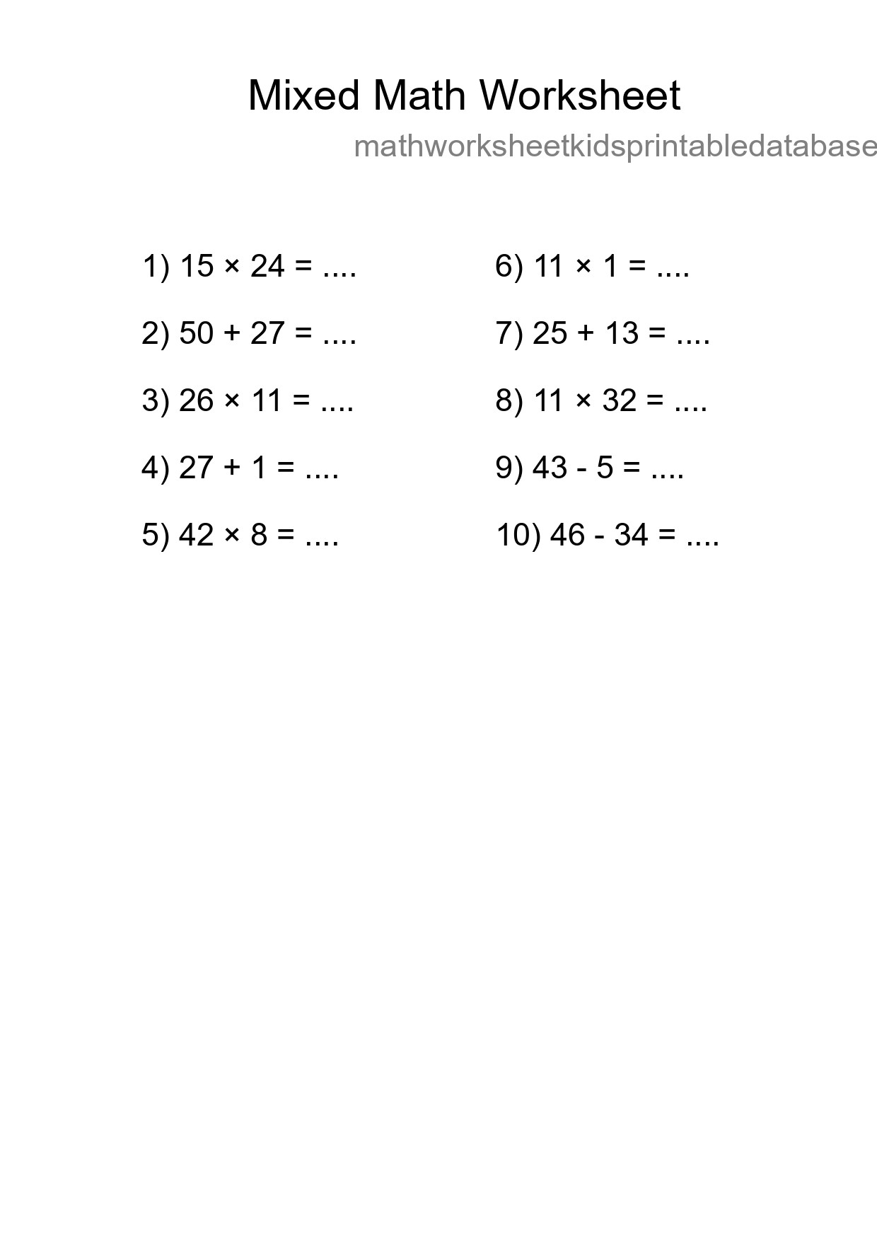 Mixed Operations Math Worksheet