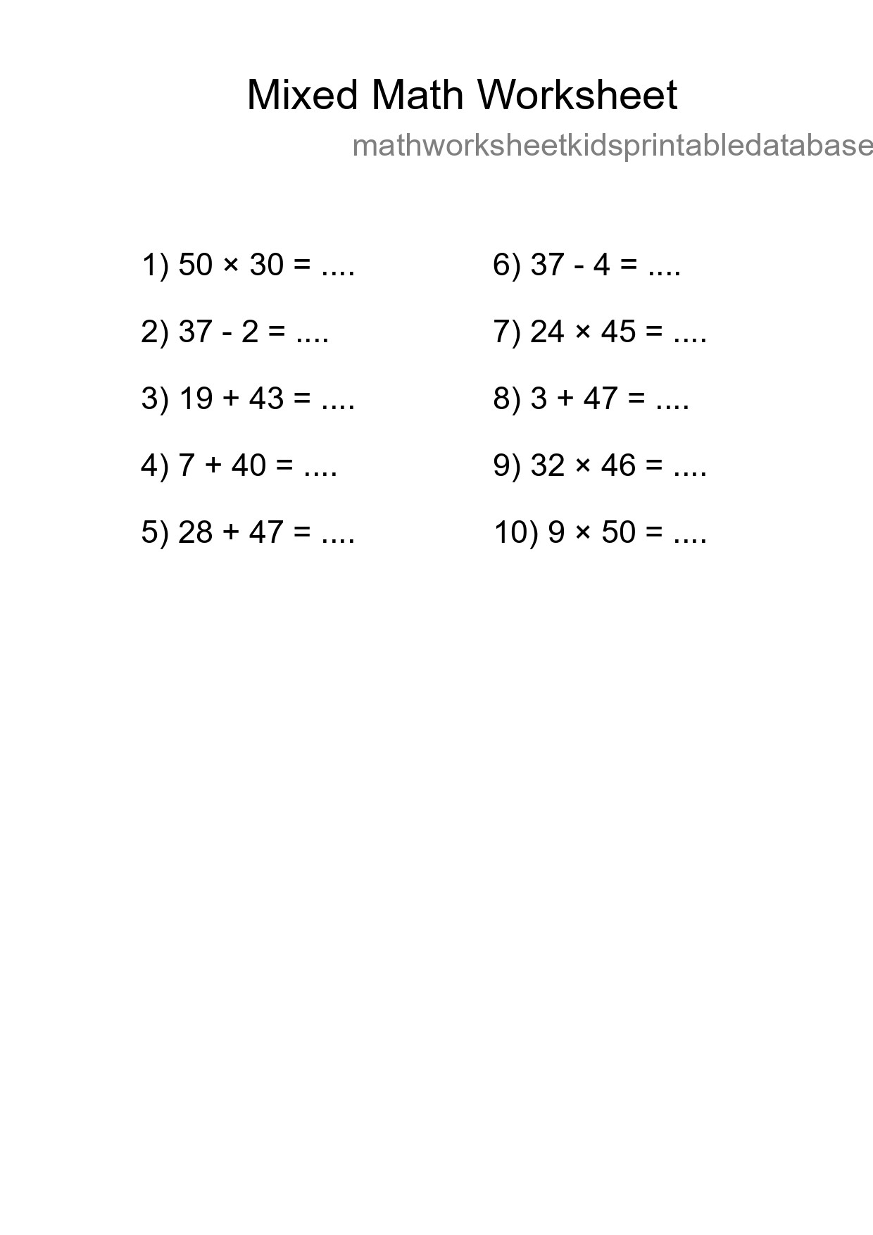 Mixed Operations Math Worksheet