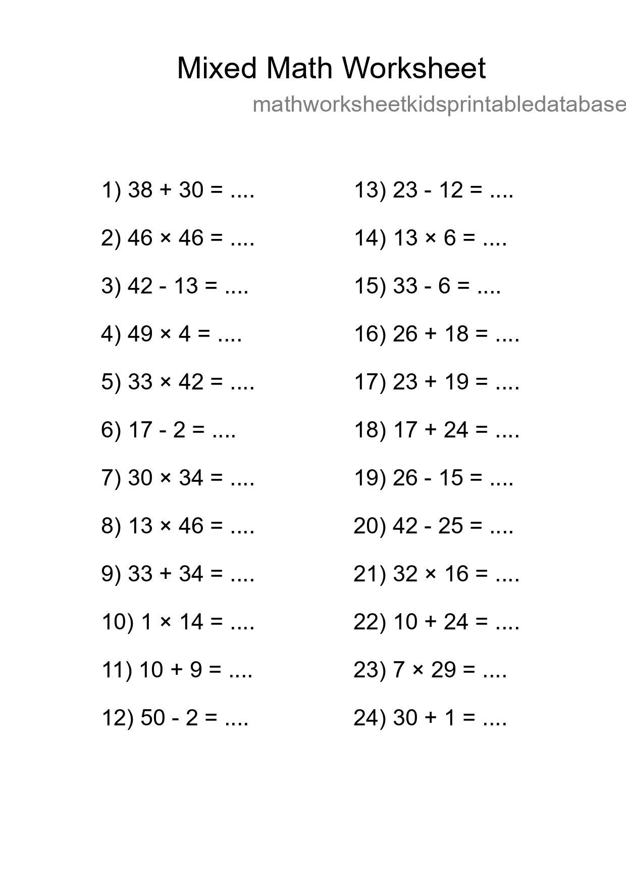 Mixed Operations Math Worksheet