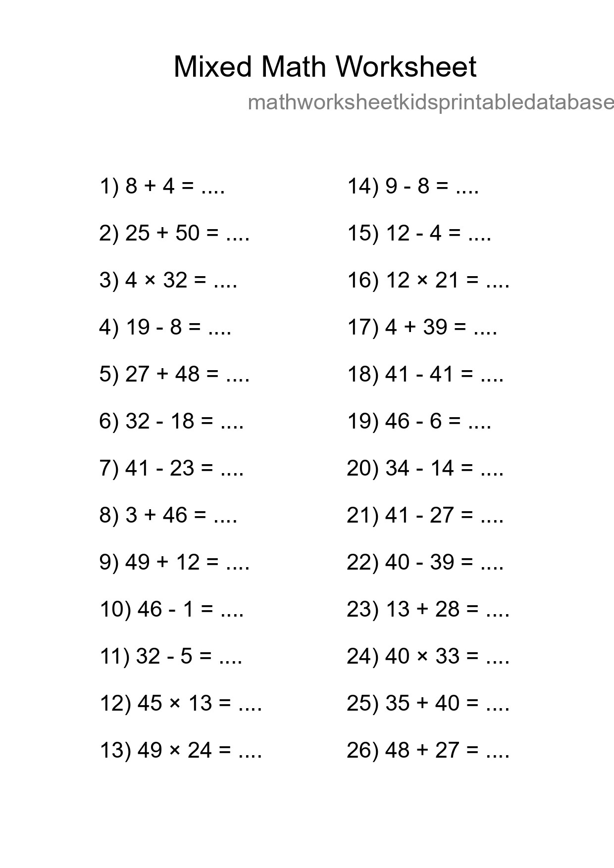 Mixed Operations Math Worksheet