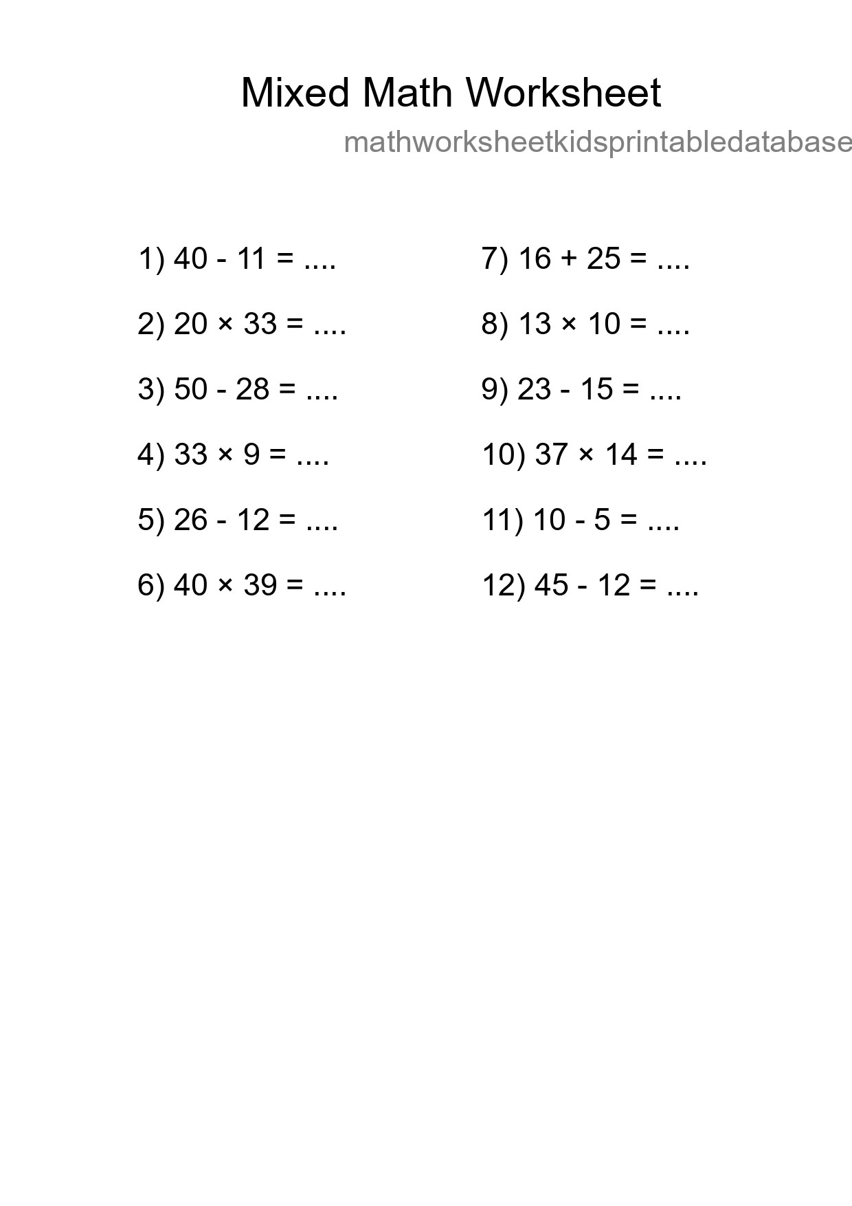 Mixed Operations Math Worksheet