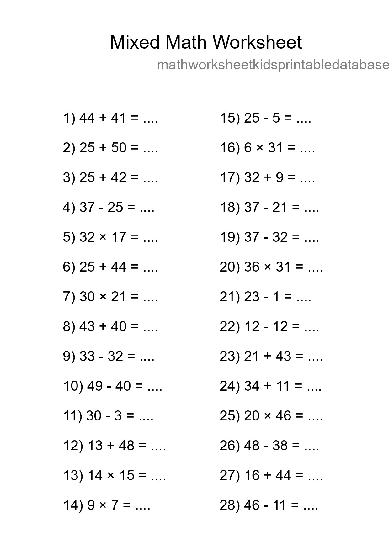Mixed Operations Math Worksheet