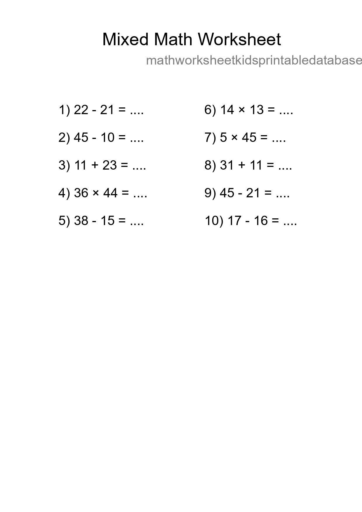 Mixed Operations Math Worksheet