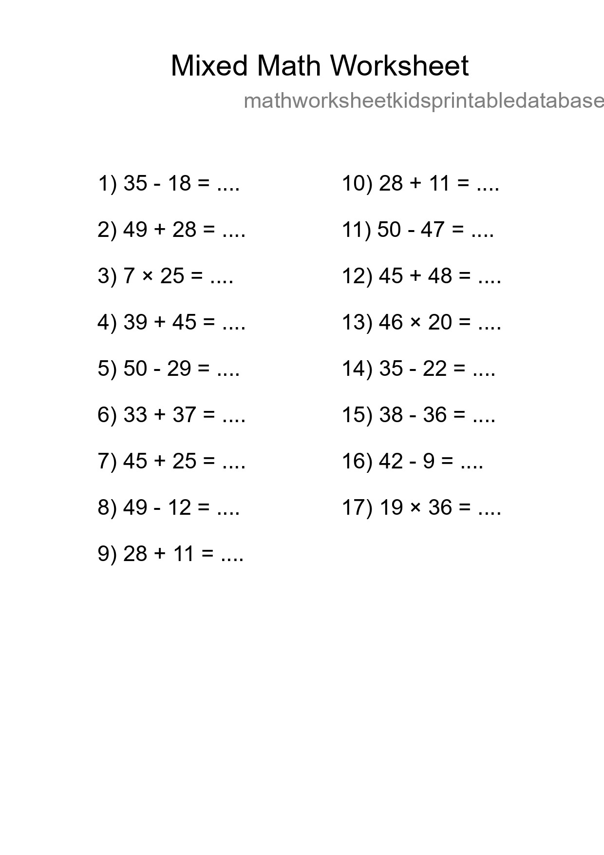 Mixed Operations Math Worksheet
