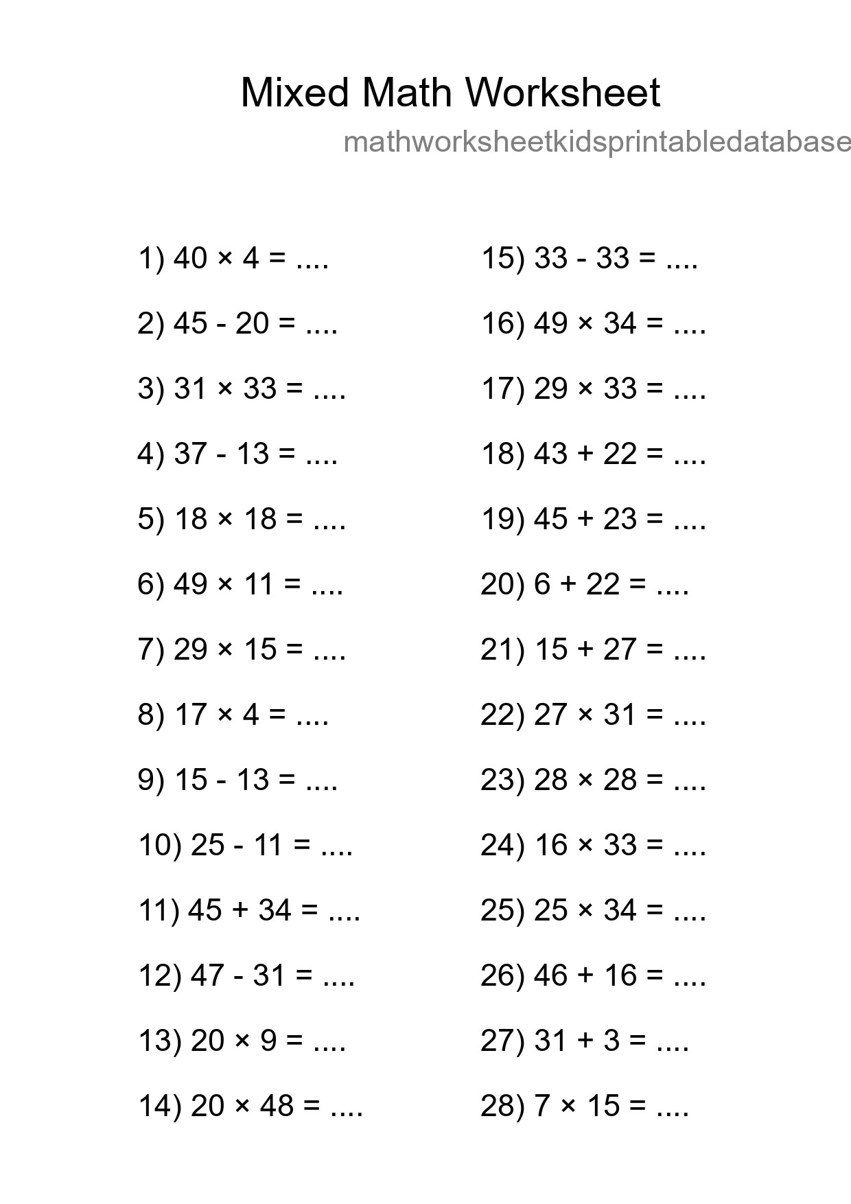 Mixed Operations Math Worksheet