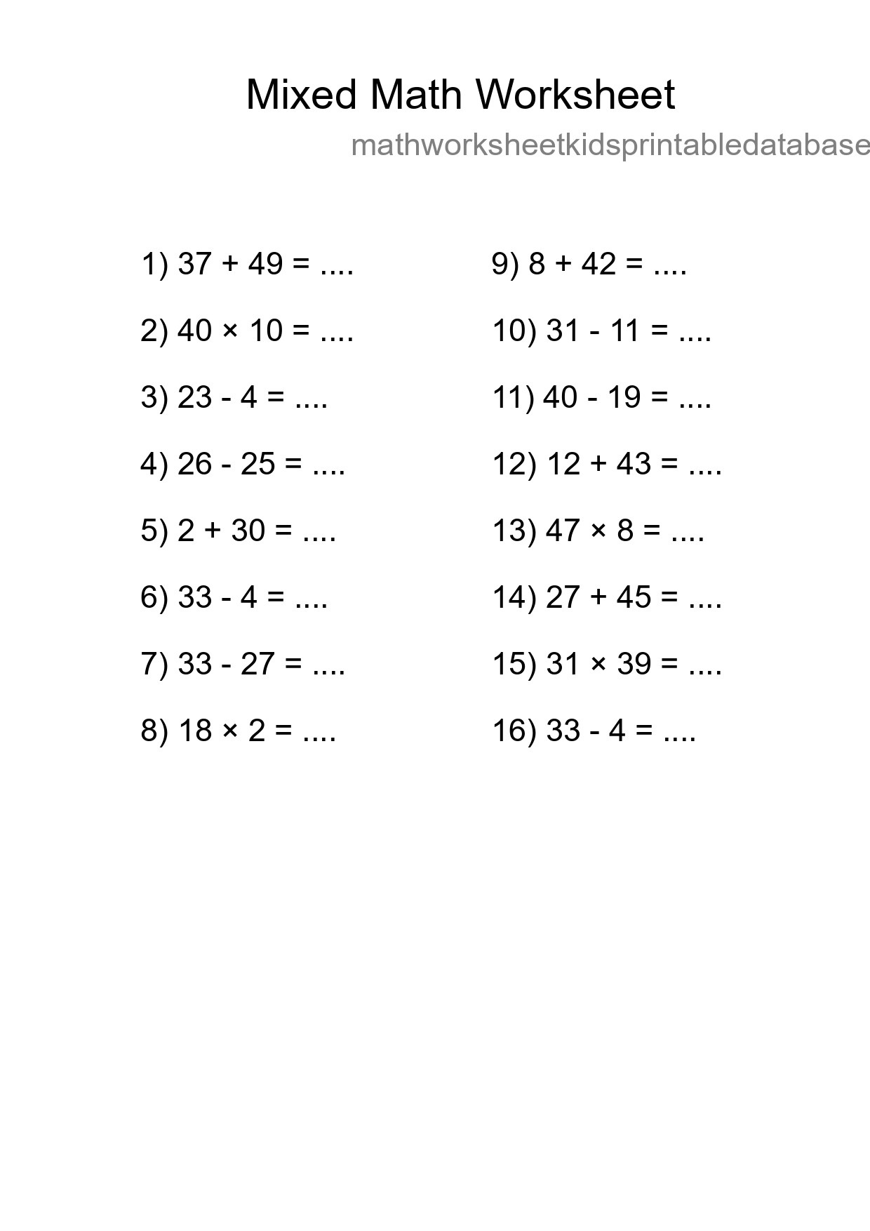 Mixed Operations Math Worksheet