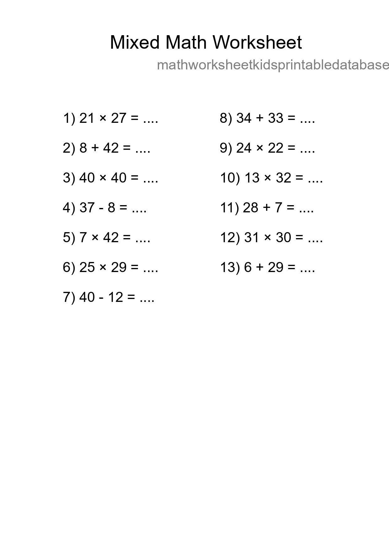 Mixed Operations Math Worksheet