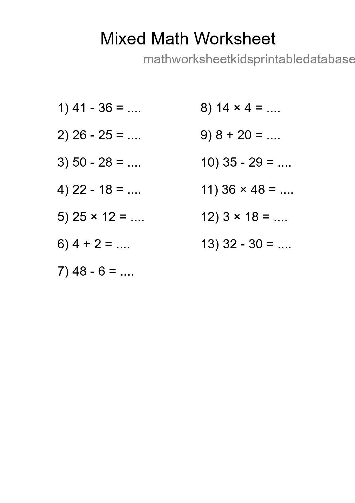 Mixed Operations Math Worksheet
