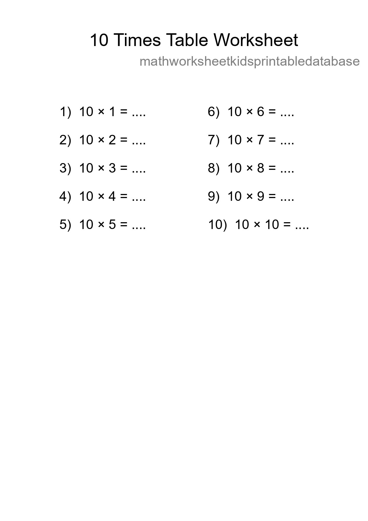 Printable 10 Times Table Worksheet For Grade 3 - Part 207