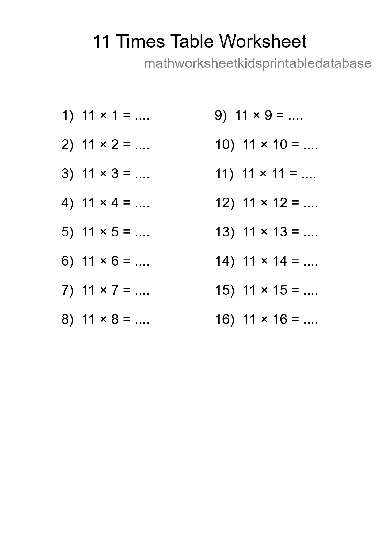 Printable 11 Times Table Worksheet For Grade 4 - Part 75