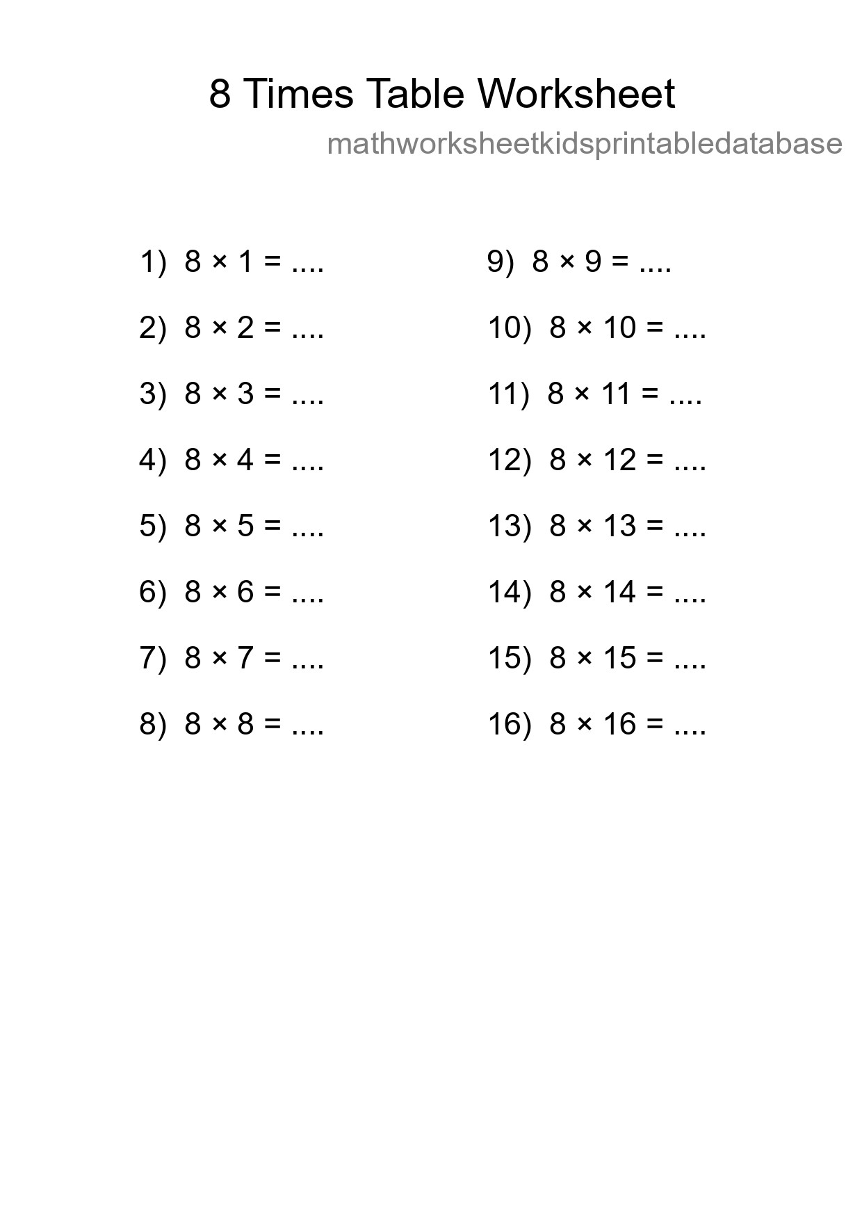 Printable 8 Times Table Worksheet For Grade 3 - Part 218
