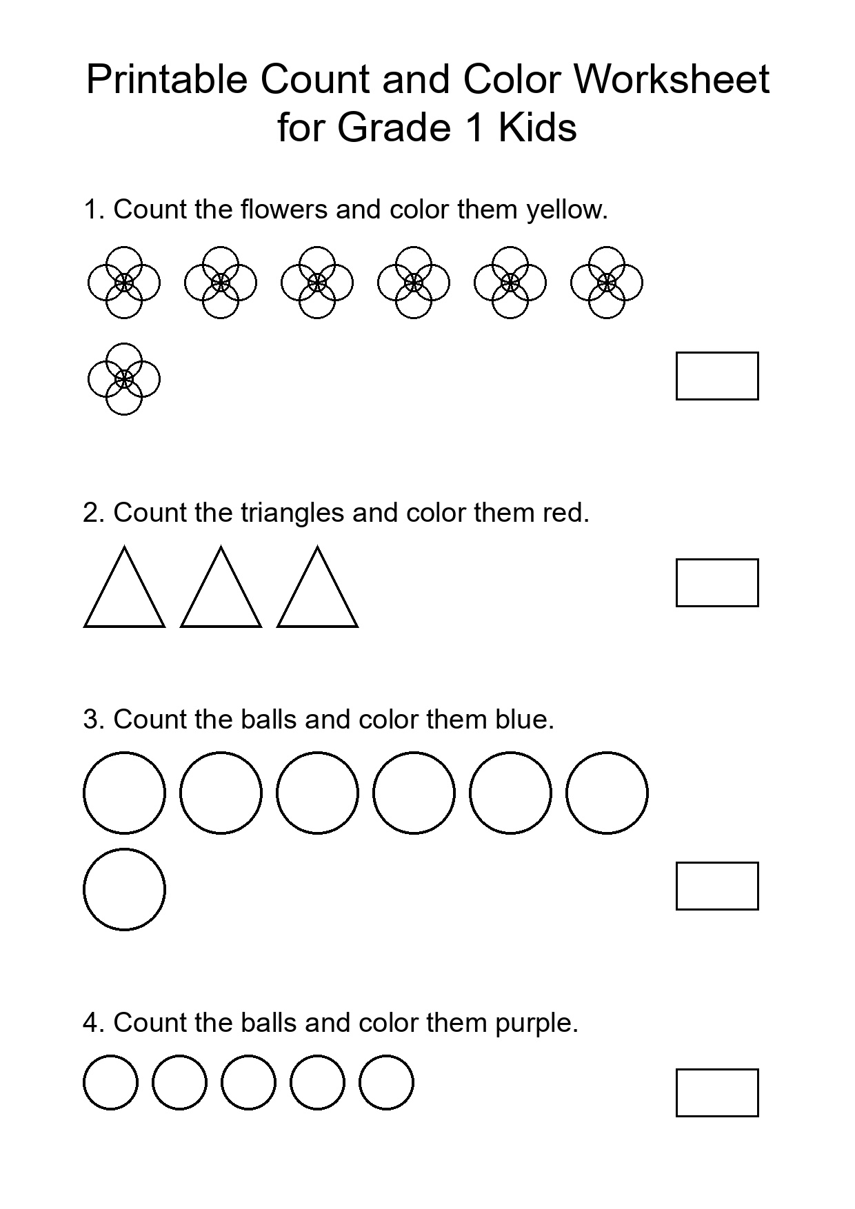 Printable Count and Color Worksheet for Grade 1 Kids