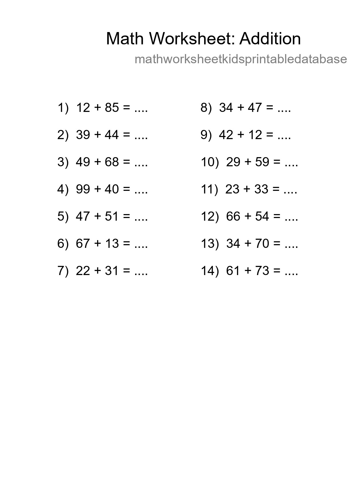 Printable Free 14 Addition Math Worksheet For Grade 3 - Part 133