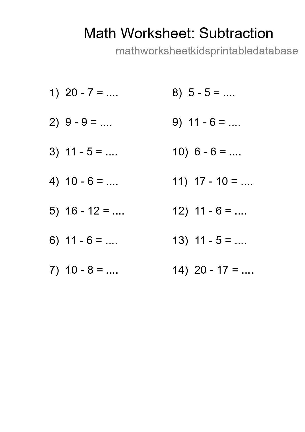 Printable Free 14 Subtraction Math Worksheet For Grade 2 - Part 184