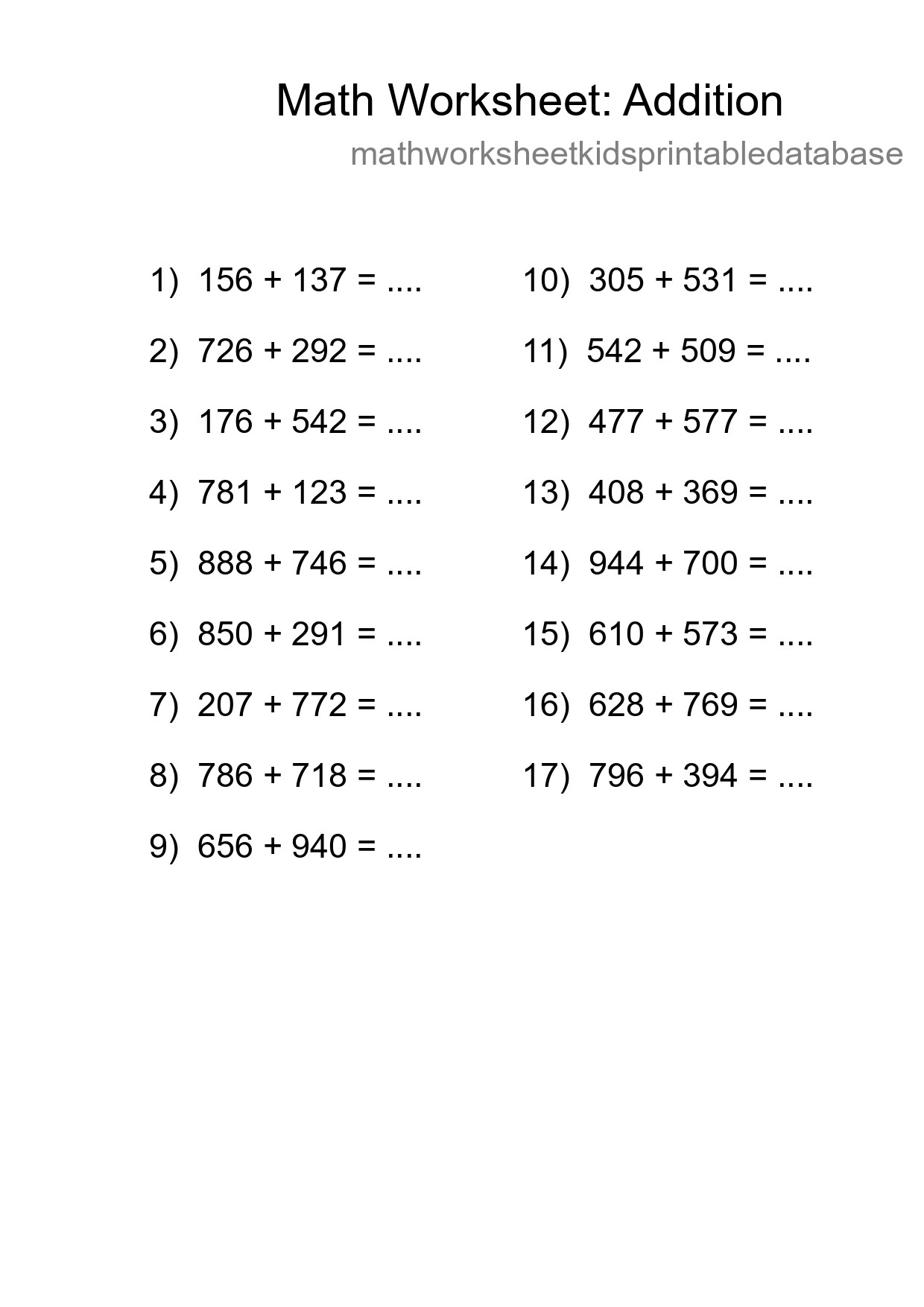 Printable Free 17 Addition Math Worksheet For Grade 5 - Part 166