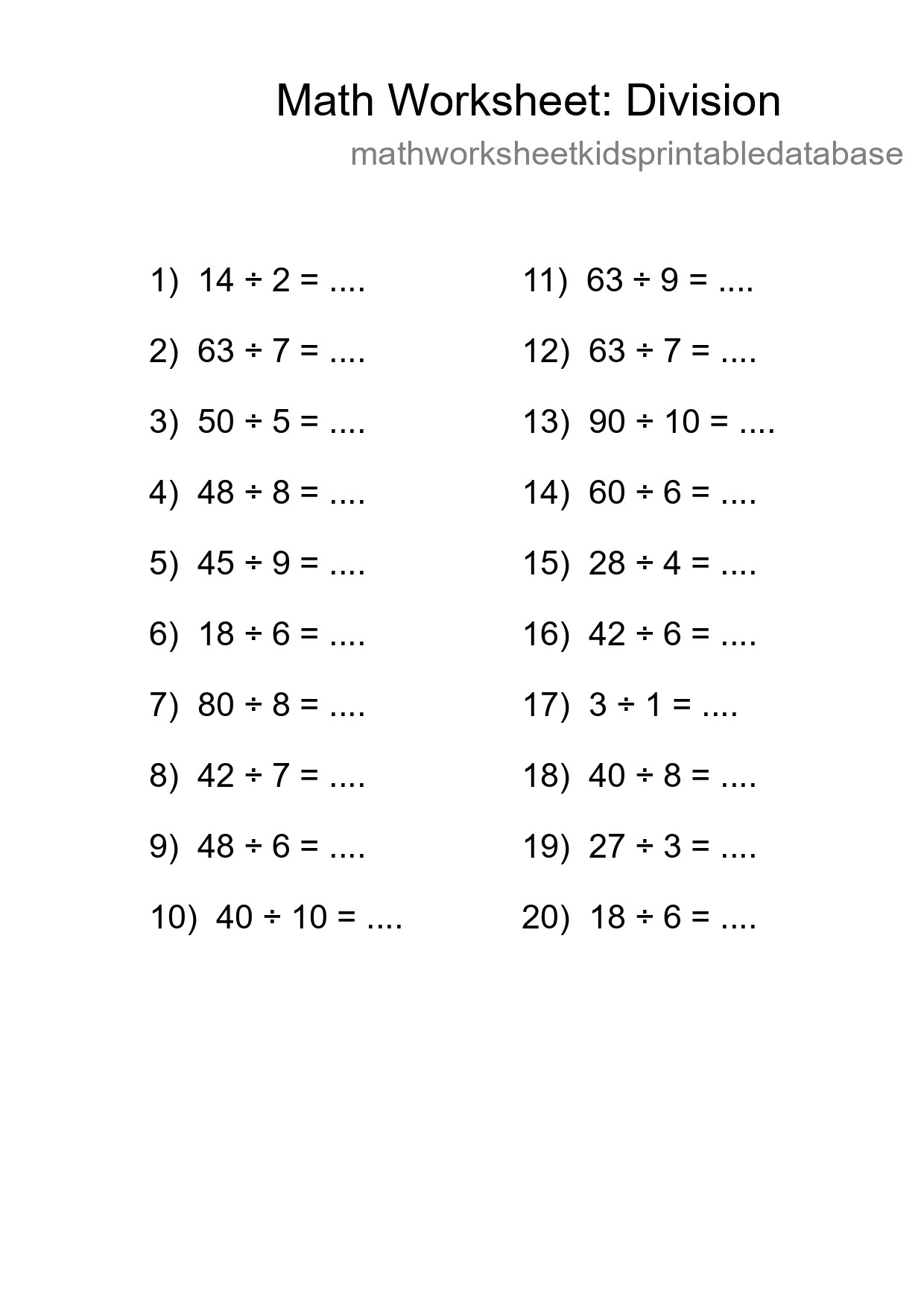 Printable Free 20 Division Math Worksheet For Grade 1 - Part 147