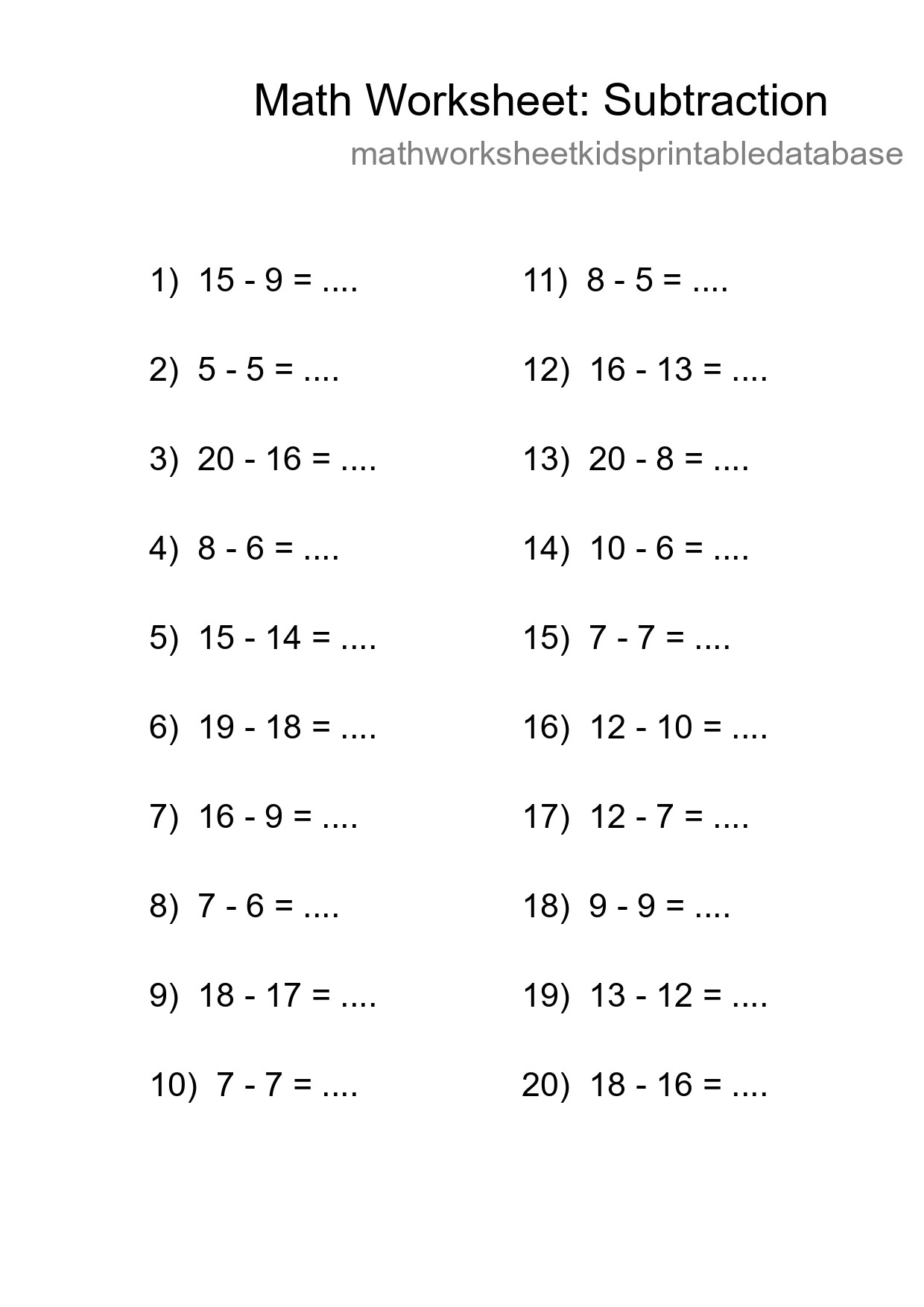 Printable Free 20 Subtraction Math Worksheet For Grade 2 - Part 129