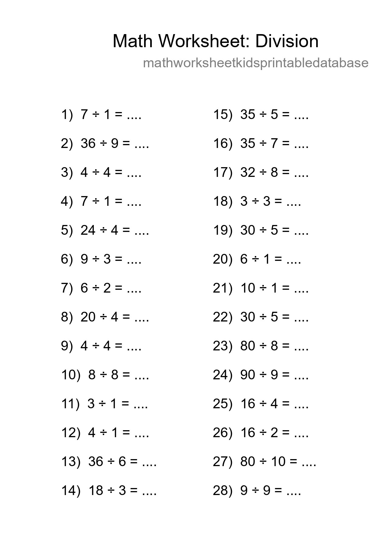 Printable Free 28 Division Math Worksheet For Grade 1 - Part 125