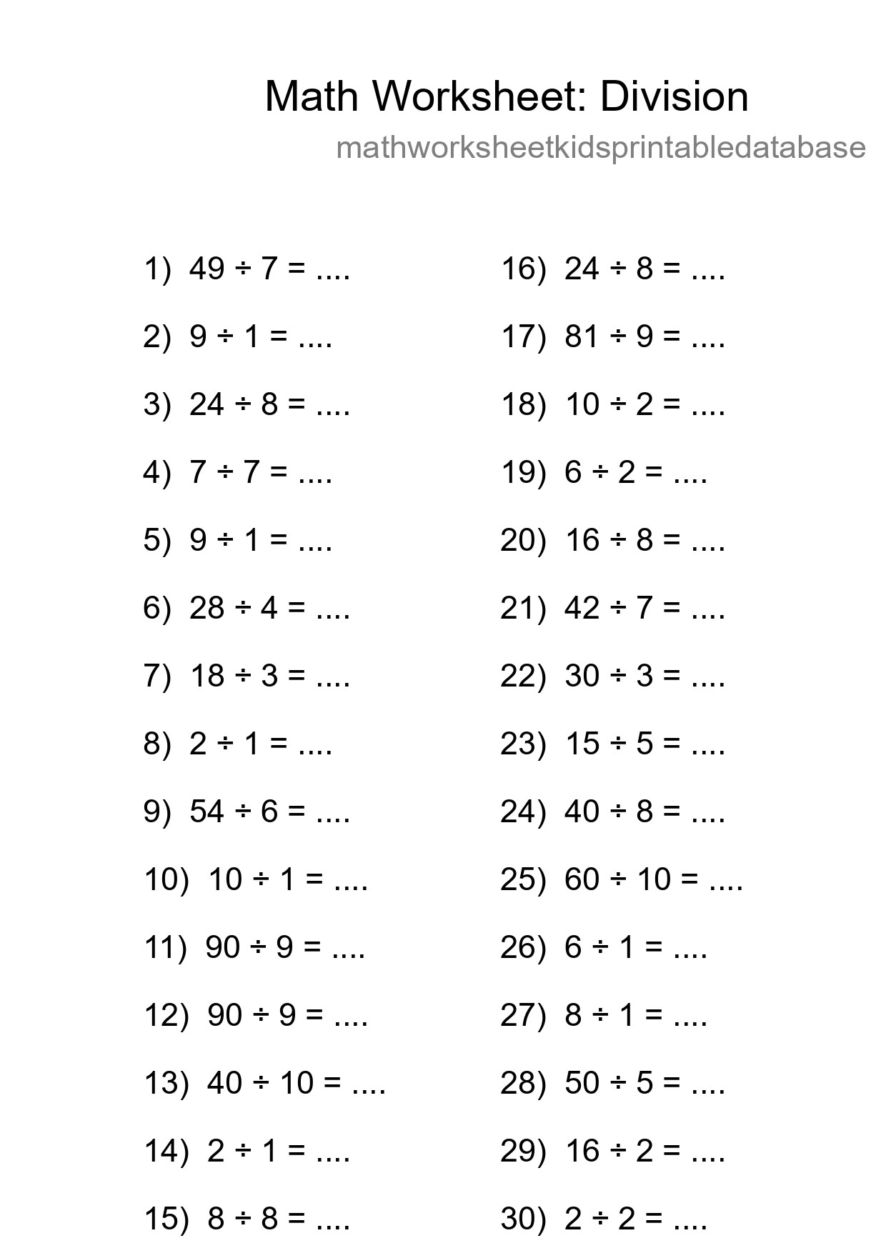 Printable Free 30 Division Math Worksheet For Grade 1 - Part 202